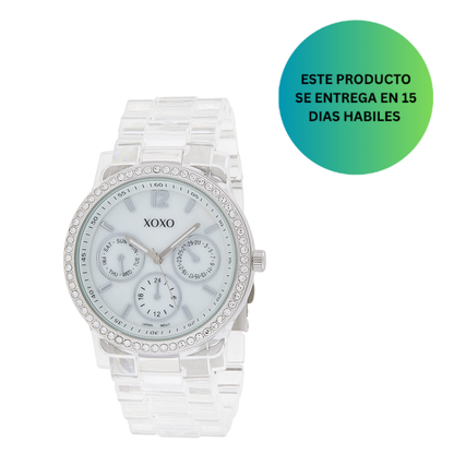 XOXO Reloj de moda para mujer con detalles de bisel de cristal y pulsera de resina transparente