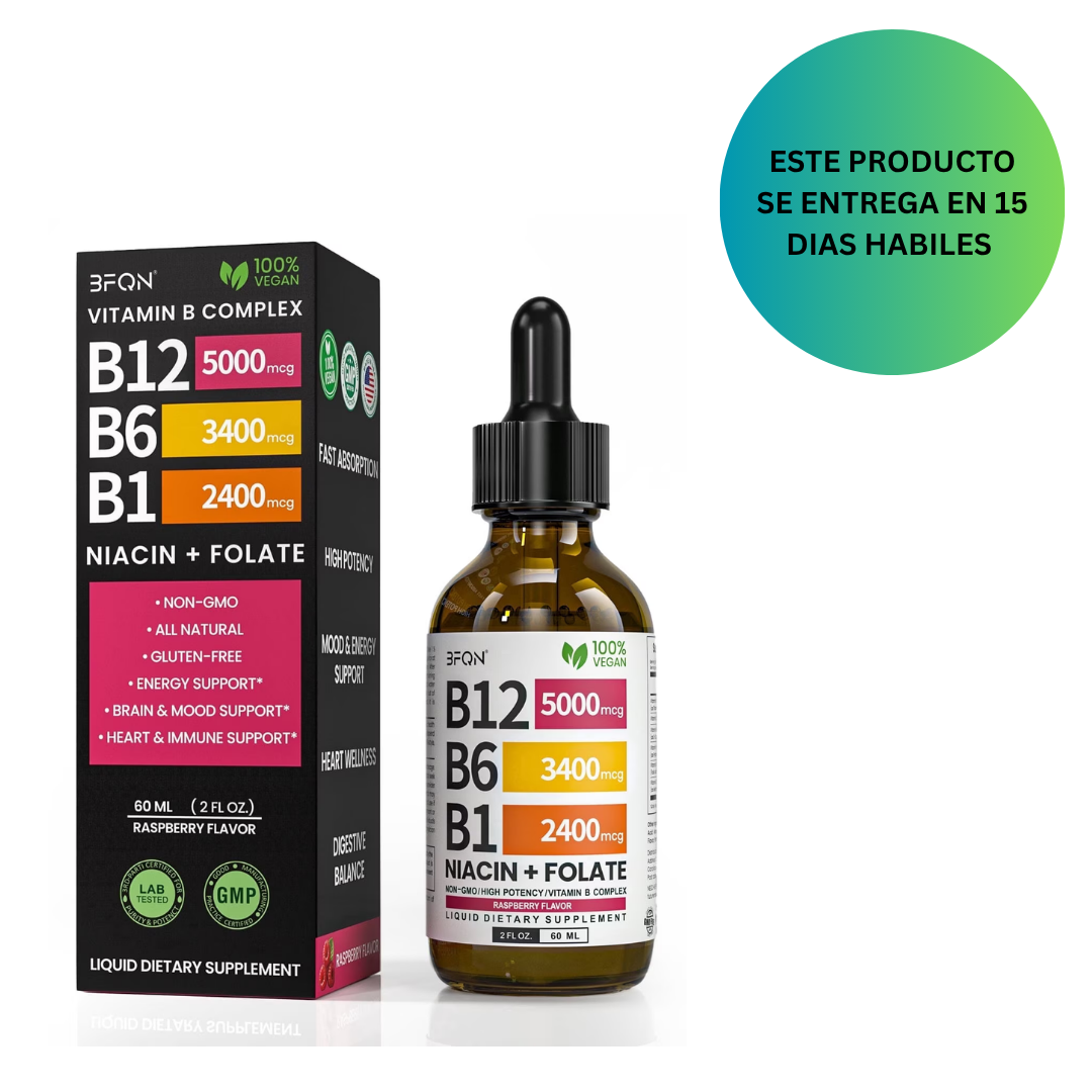 Gotas de suplemento líquido de vitamina B12 con sabor a frambuesa, con B6, B1, niacina y ácido fólico, 60ml