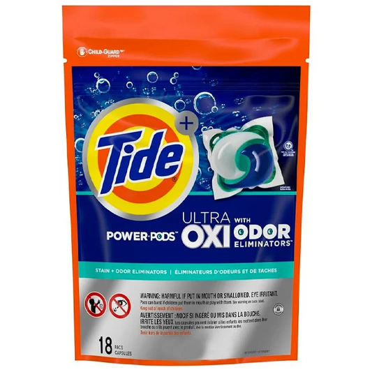 Tide Power Pods  XL+ Ultra Oxi con eliminador de olores, 18 Pacs Capsules