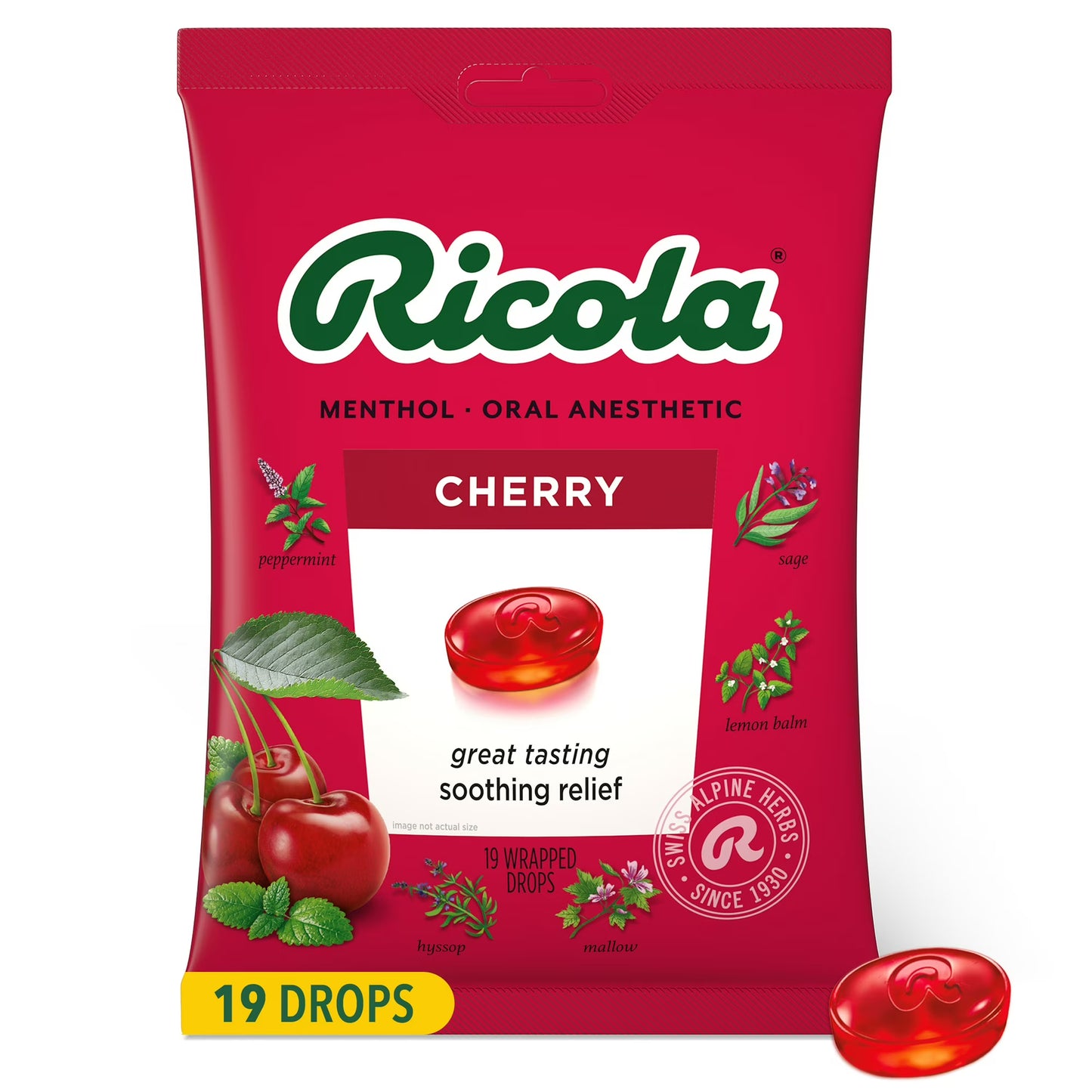 Ricola sabor cereza | Refrescante y anestésico oral, 19 unidades