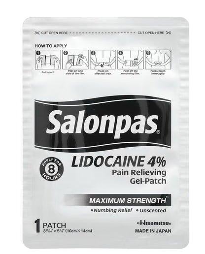 Parches de gel Salonpas con lidocaína al 4% para aliviar el dolor, máxima potencia, 30 unidades.