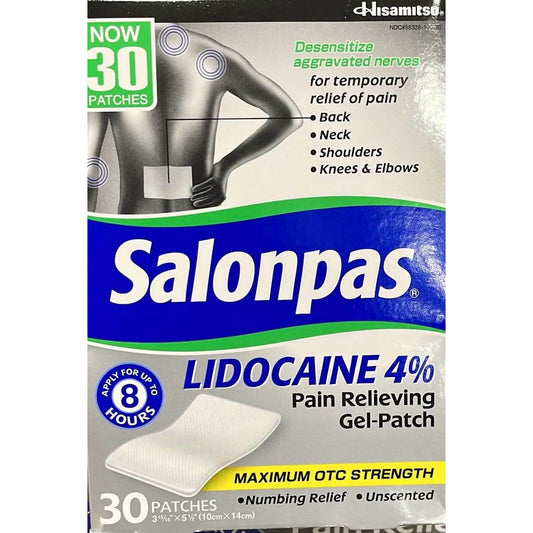 Parches de gel Salonpas con lidocaína al 4% para aliviar el dolor, máxima potencia, 30 unidades.