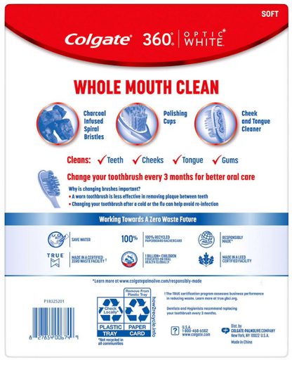 Cepillo de dientes manual Colgate Optic White 360 Soft, 8 unidades.