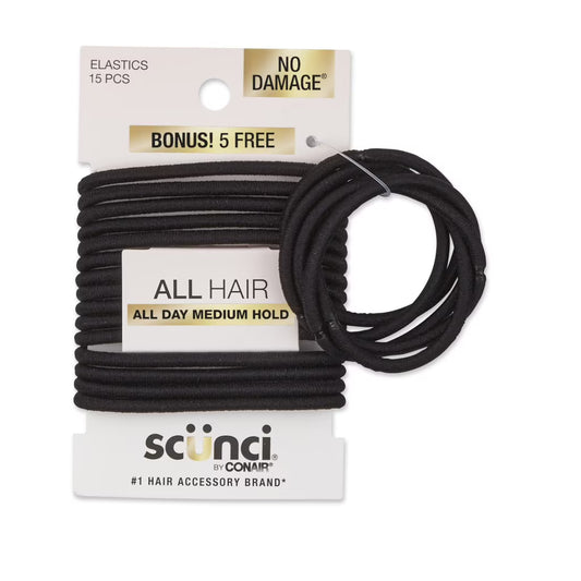 Gomas elásticas de nailon para coleta Scunci , color negro, 15 unidades y 5 unidades adicionales.
