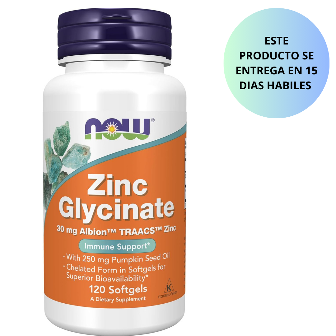 Now - Zinc Glycinate 30mg Albion Traacs Zinc con 250mg pumpkin seed oil, 120 capsulas