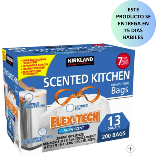 Kirkland Signature Flex-Tech, bolsas de basura perfumadas de 13 galones, 200 unidades