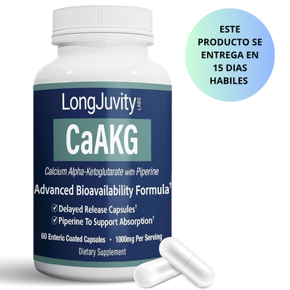 LongJuvity - CaAKG (Calcium Alpha-Ketoglutarate con Piperine), 1000mg - 60 cápsulas con recubrimiento entérico