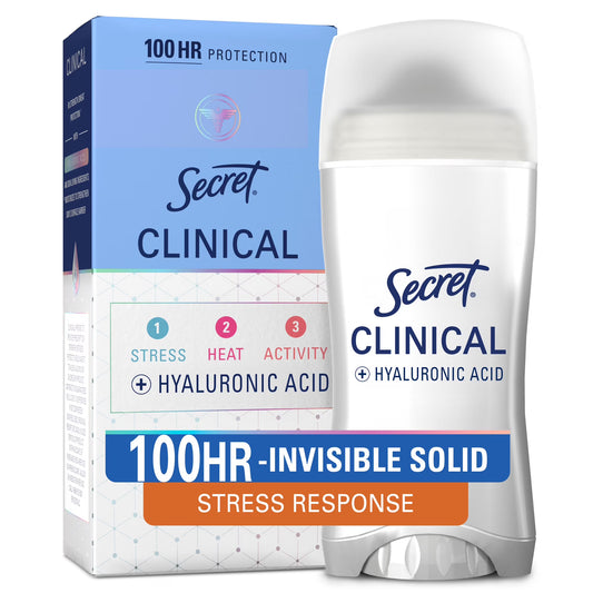 Desodorante antitranspirante Secret Clinical para mujer, 100 horas de protección contra el sudor y el mal olor, ácido hialurónico, sólido invisible, respuesta al estrés, 45 gr.
