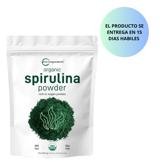 Micro Ingredients Espirulina orgánica en polvo, 16 onzas, Espirulina cruda (Arthrospira Platensis), Las fuentes más ricas de 70% de proteína vegana, Envases de minerales, vitaminas, sin OGM y sin irradiación