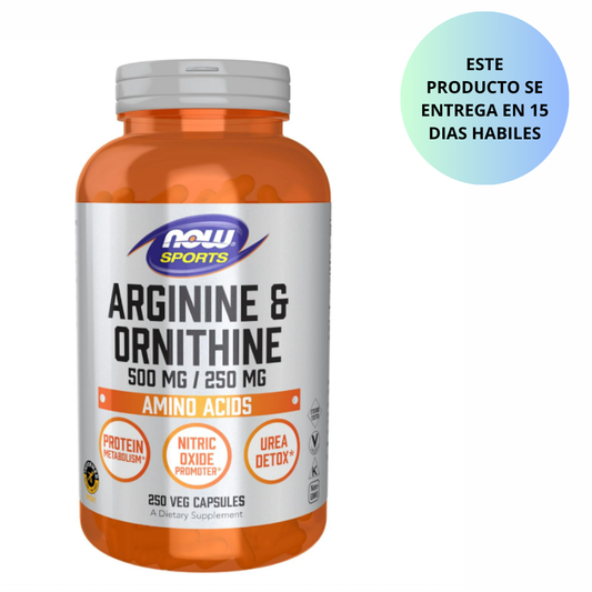 NOW Sports - Arginina & Ornitina 500/250 mg, Aminoácidos, 250 Cápsulas Vegetales