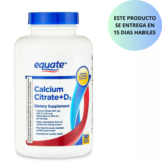 Equate -  Calciumm Citrate 630mg  + D3 12.5 mcg(500IU), 180 tabletas