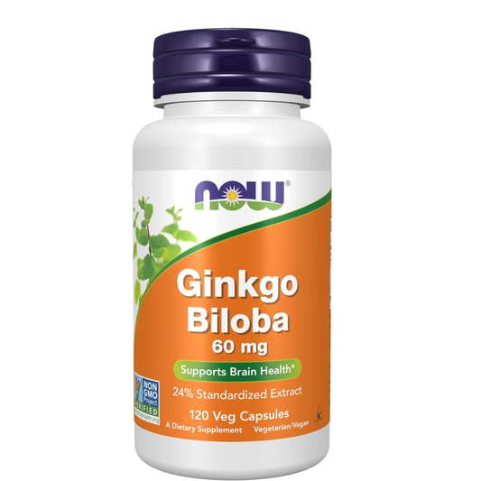 NOW-Ginkgo Biloba 60 mg, extracto estandarizado al 24%, 120 Cápsulas