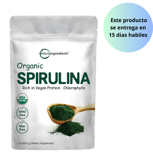 Micro Ingredients Espirulina orgánica en polvo, 16 onzas, Espirulina cruda (Arthrospira Platensis), Las fuentes más ricas de 70% de proteína vegana, Envases de minerales, vitaminas, sin OGM y sin irradiación