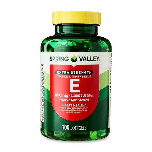 Vitamina E  Spring Valley 450 mg extra Fuerte (1,000 IU) 100 cápsulas- Disolvible en agua.