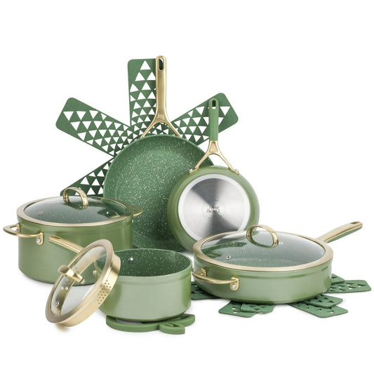 Thyme & Table Supreme Juego de ollas antiadherentes de 12 piezas  - color Oliva
