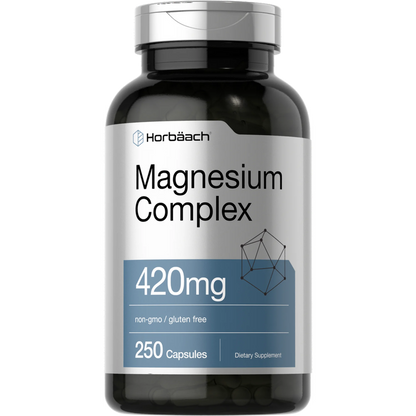 Horbaach - Complejo triple de magnesio | 420 mg | 250 cápsulas - Suplemento dietético de óxido de magnesio, citrato y aspartato