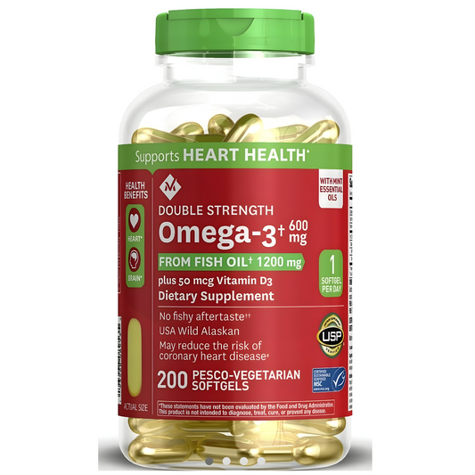 Omega 3 600 mg- Fish Oil 1200 mg  + D3 Double Strength Wild Alaskan Fresh Fish Oil (200 ct.)