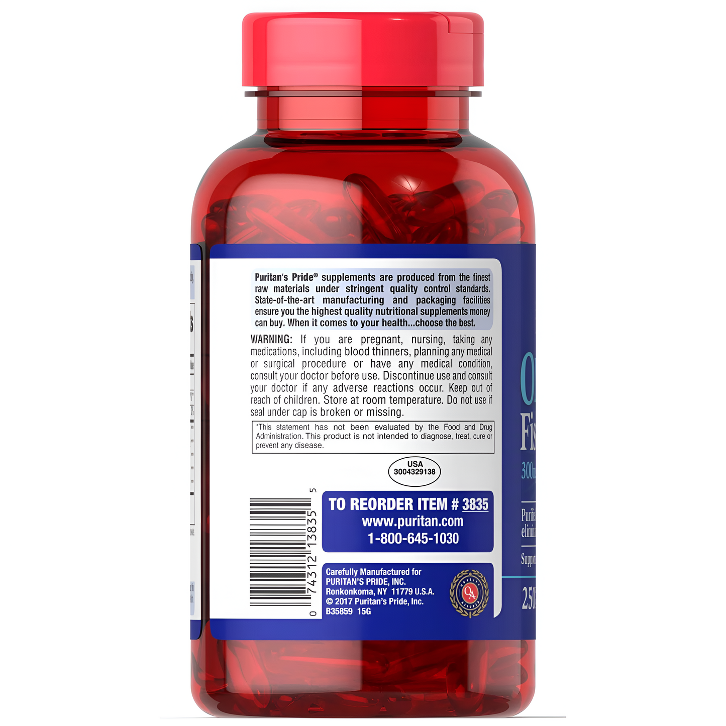 Omega-3  Fish Oil 1000mg- Active Omega 3 - 300 mg Puritan's Pride 250 Capsulas de Gel