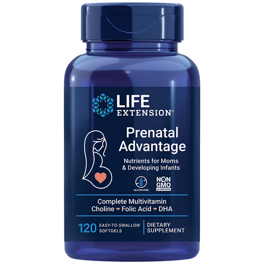 Life Extension Prenatal Advantage 120 softgels multivitamínico completo - Choline + Ácido Fólico + DHA