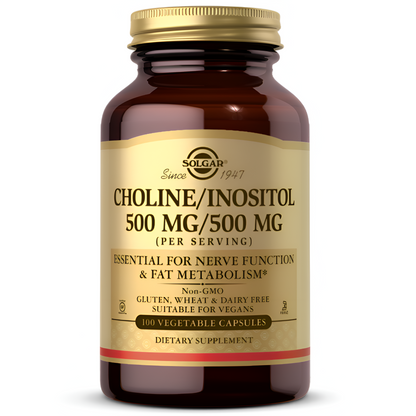 Solgar Choline/Inositol 500 mg/500 mg, 100 cápsulas vegetales - Sin OMG, vegano, sin gluten, sin lácteos