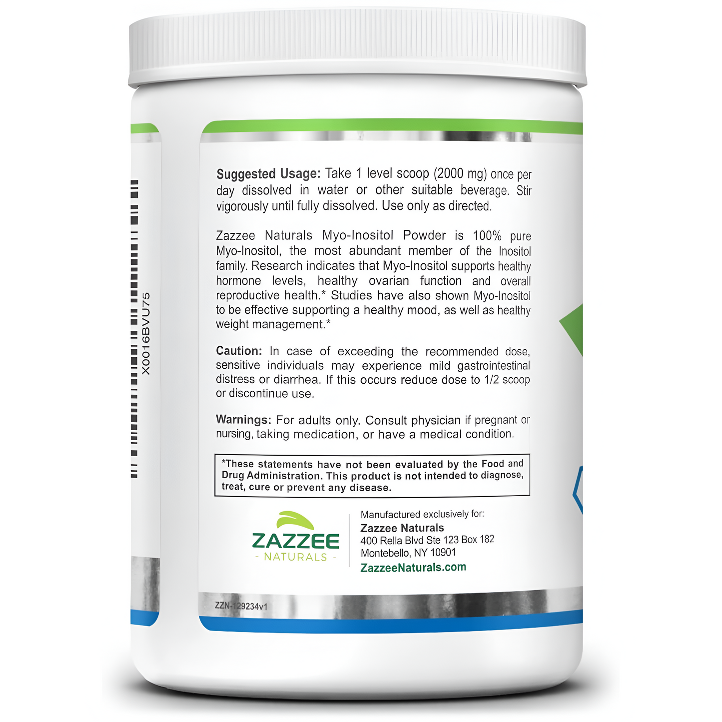 Zazzee Polvo de mio-inositol, 255 porciones, 16 onzas 2000 mg por porción, 100% puro, vegano y sin OMG