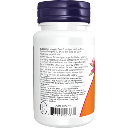 Vitamin D-3 NOW Foods, 125 mcg (5,000 IU), 240 Capsulas de Gel