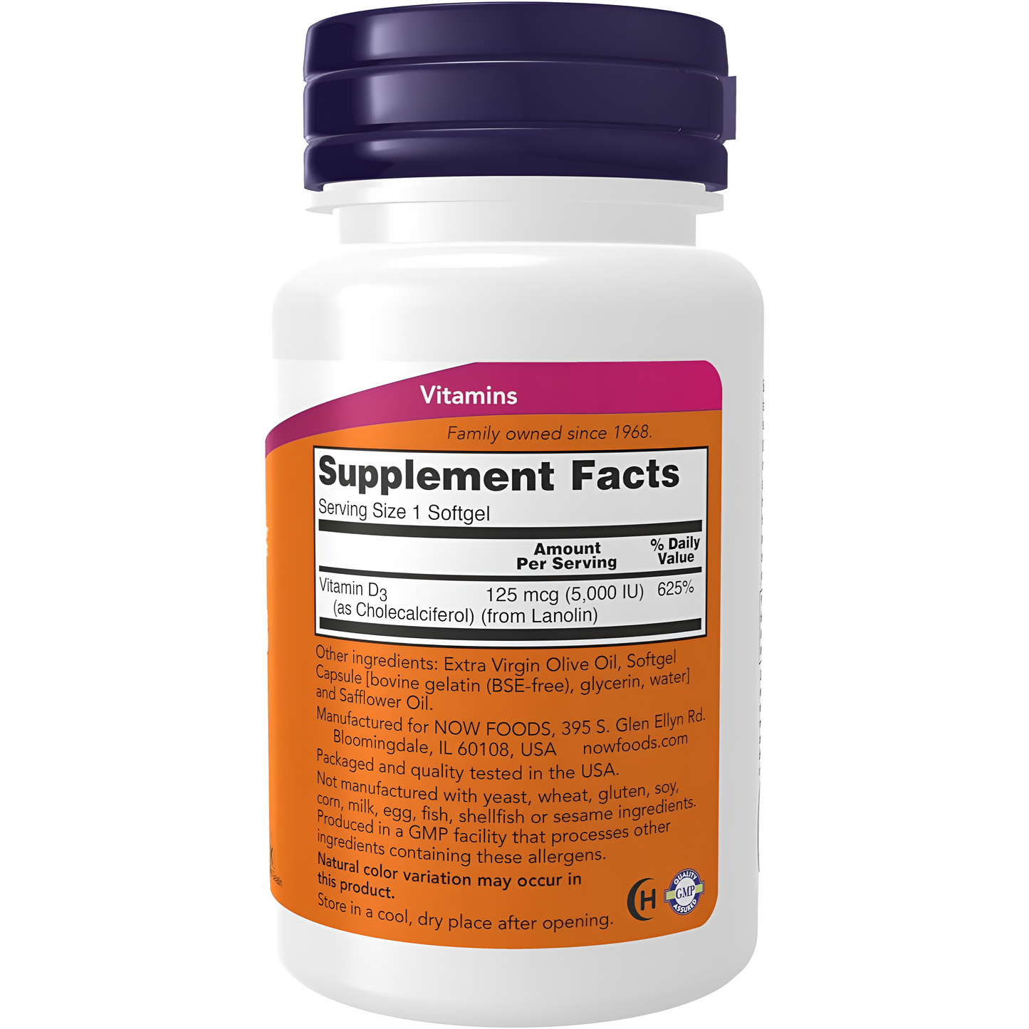 Vitamin D-3 NOW Foods, 125 mcg (5,000 IU), 240 Capsulas de Gel