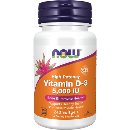 Vitamin D-3 NOW Foods, 125 mcg (5,000 IU), 240 Capsulas de Gel