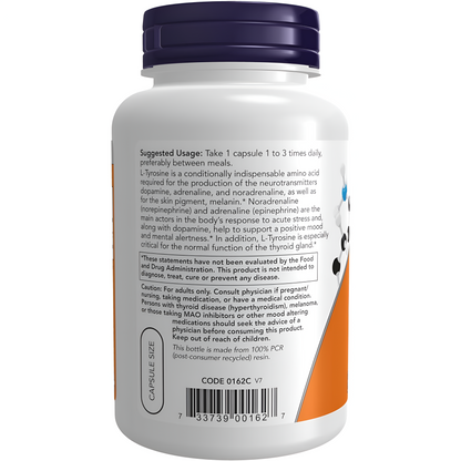 L-Tyrosine 500 mg, Now Supplements  Supports Mental Alertness Neurotransmitter Support, 120 Capsules