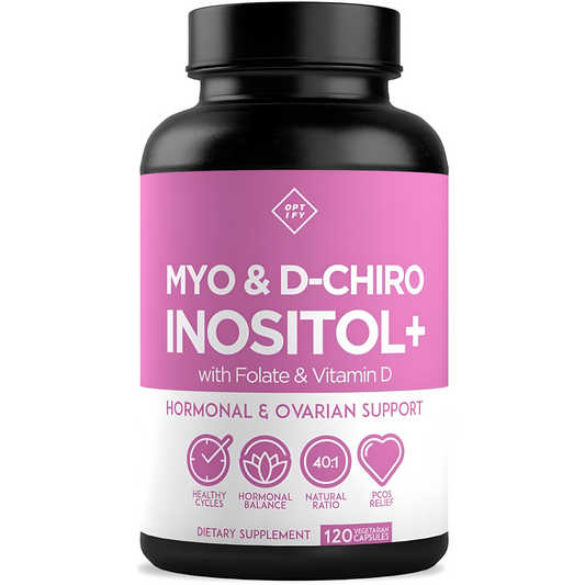 OPTIFY mio-inositol y D-chiro inositol Plus folato y vitamina D - relación 40:1 ideal - equilibrio hormonal y apoyo ovárico para las mujeres - vitamina B8 - 120 CAPSULAS