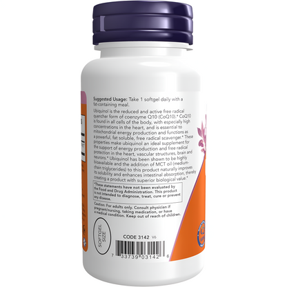 NOW Suplementos, Ubiquinol 100 mg, alta biodisponibilidad (la forma activa de CoQ10), 60 cápsulas blandas