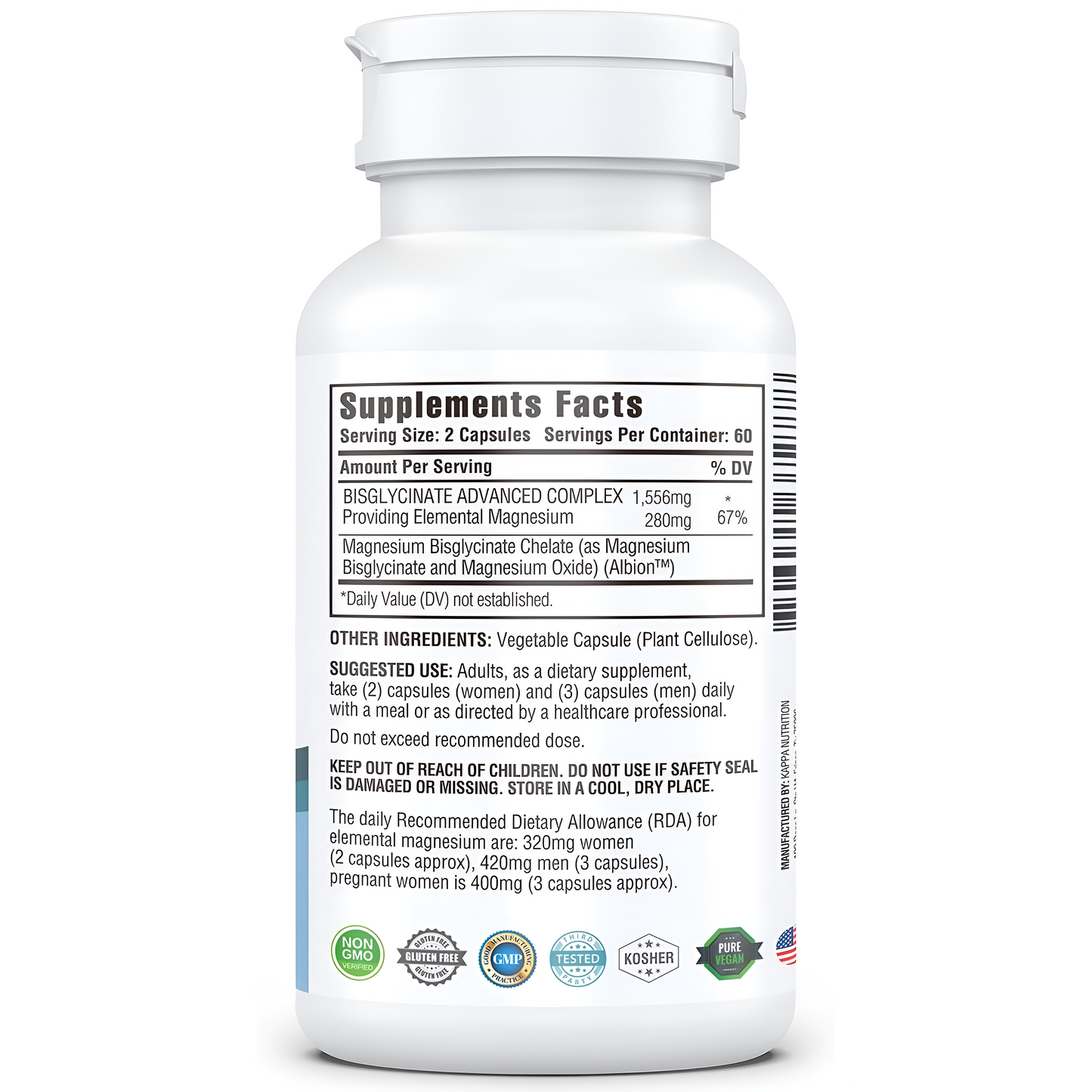 Kappa Nutrition Magnesium Bisglycinate Absorción superior - 120 Cápsulas