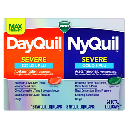 Vicks DayQuil y NyQuil Liquicaps para el resfriado severo y la gripe 72 caps (48caps dayquil + 24 caps nyquil)