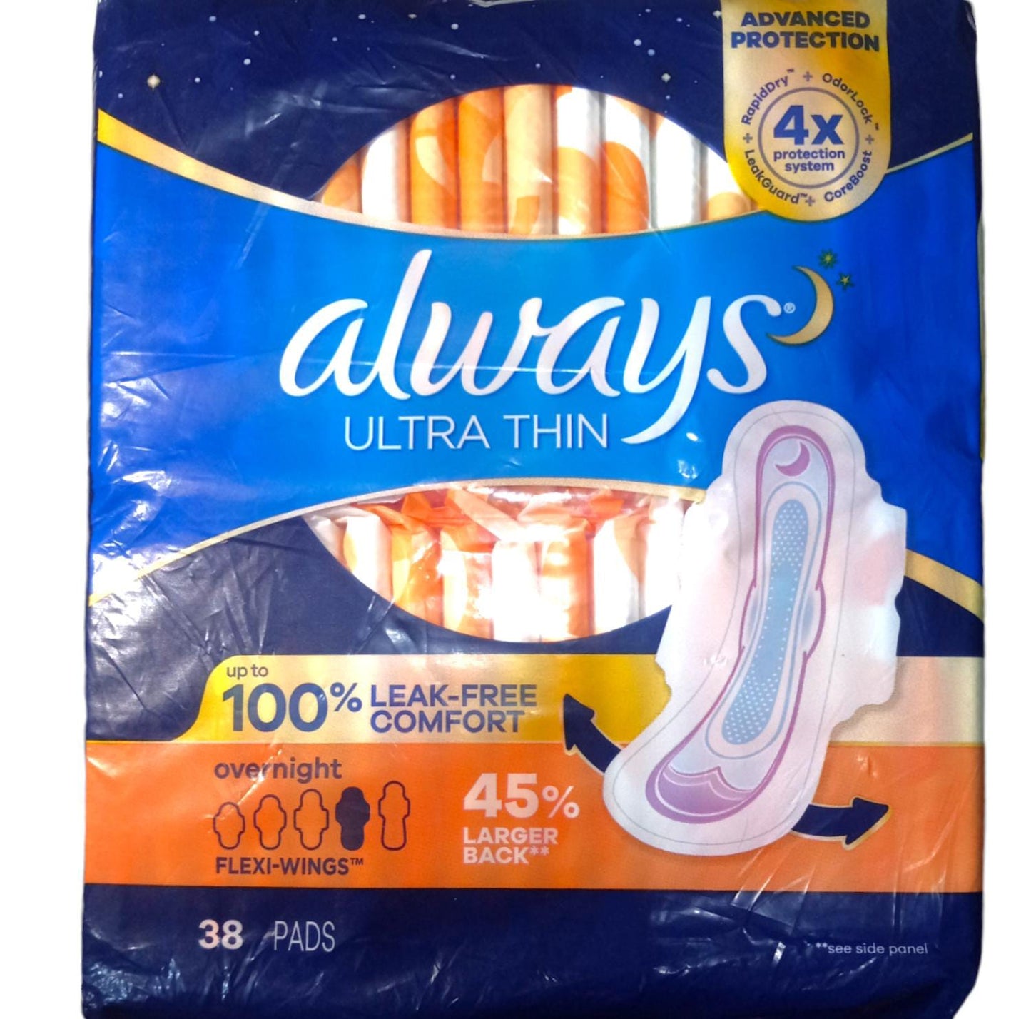 Always Ultra Thin 38 toallitas nocturnas ultra finas con alas, sin perfume, 45% más largas por atrás