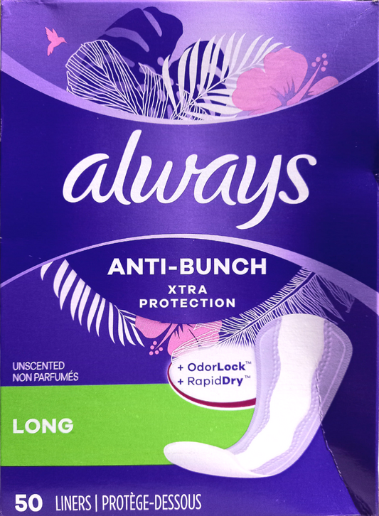 Always Anti-Bunch Xtra Protection Daily Liners Long Length, 50 Ct