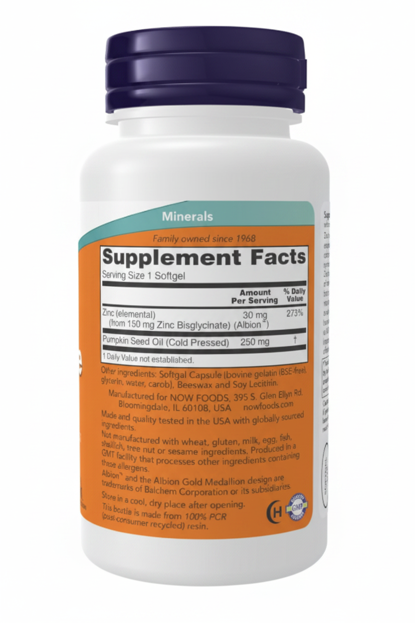 Now - Zinc Glycinate 30mg Albion Zinc con 250mg pumpkin seed oil, 120 capsulas