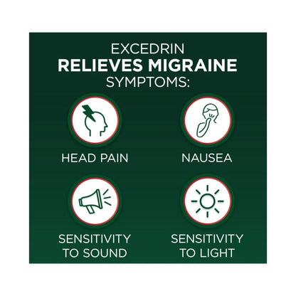 Excedrin - Alivio de la migraña (acetaminofén 250 mg, aspirina 250 mg, cafeína 65 mg), comprimidos analgésicos para  dolor de cabeza, 24 comprimidos
