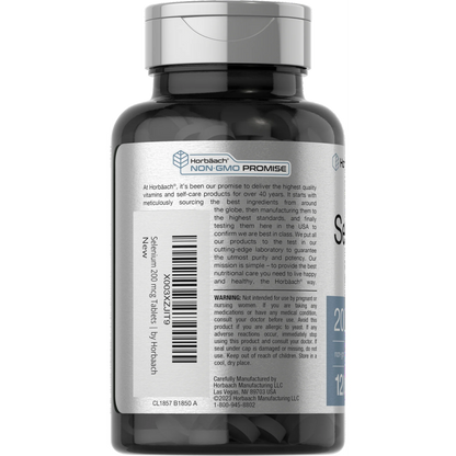 Horbäach Suplemento de selenio de 200 mcg para mujeres y hombres | 120 tabletas | Sin OMG y sin gluten