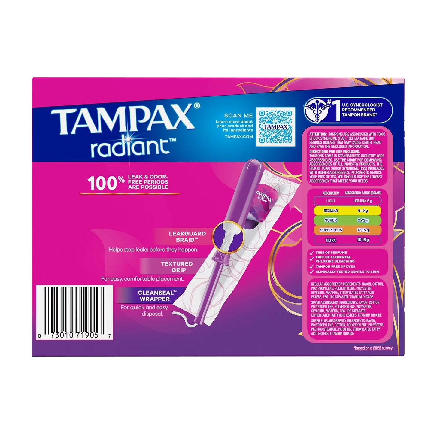 Paquete de tres tampones Tampax Radiant,77 unidades