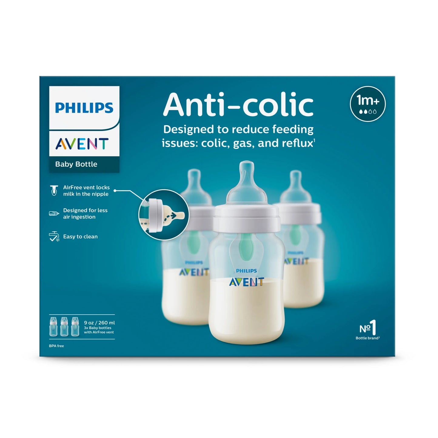 Biberón anticólicos Philips Avent con ventilación AirFree, transparente, paquete de 3, 1 M +, 260ml