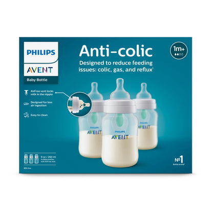 Biberón anticólicos Philips Avent con ventilación AirFree, transparente, paquete de 3, 1 M +, 260ml