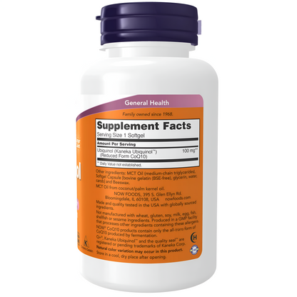 NOW Supplements, Ubiquinol 100 mg, alta biodisponibilidad (la forma activa de CoQ10), 120 cápsulas blandas