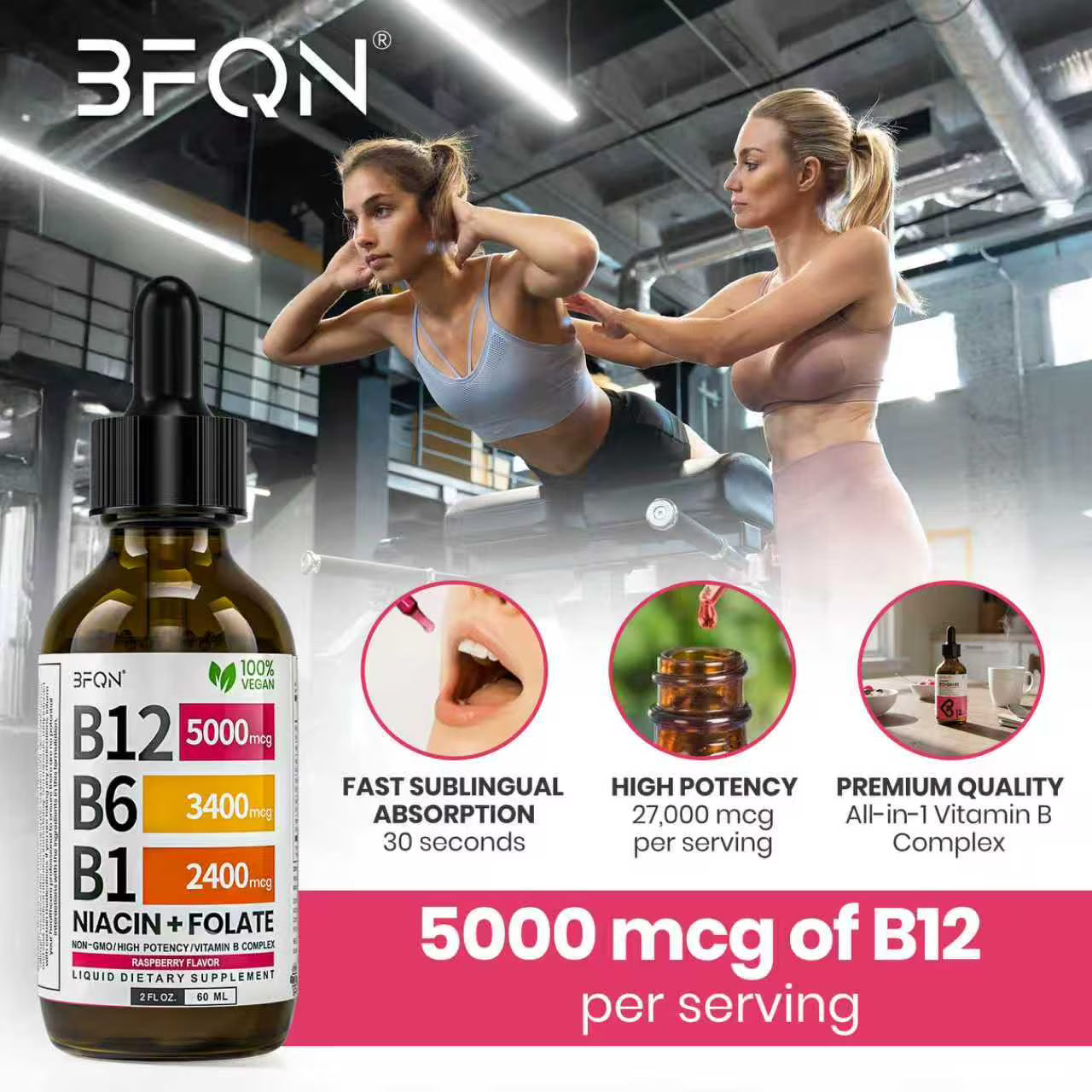 Gotas de suplemento líquido de vitamina B12 con sabor a frambuesa, con B6, B1, niacina y ácido fólico, 60ml