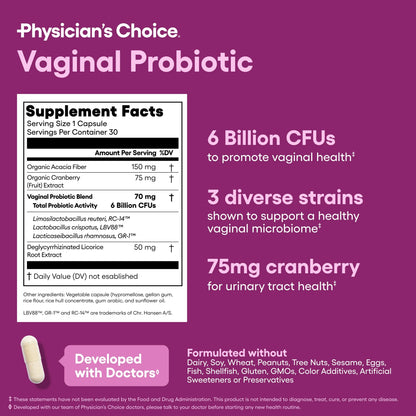 Probiótico vaginal Physician's Choice para mujeres: 6 mil millones de UFC, equilibrio de pH, control de olores, 30 unidades