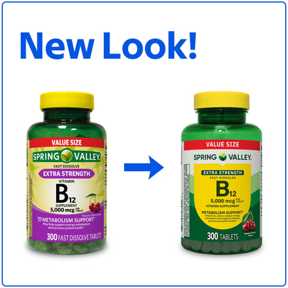 B12 spring valley  tabletas extra fuertes de disolución rápida - sabor cereza, 5000 mcg, 300 unidades