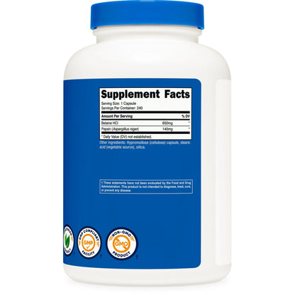 Nutricost Betaína HCl + Pepsina 790 mg, 240 cápsulas - Sin gluten y sin OMG