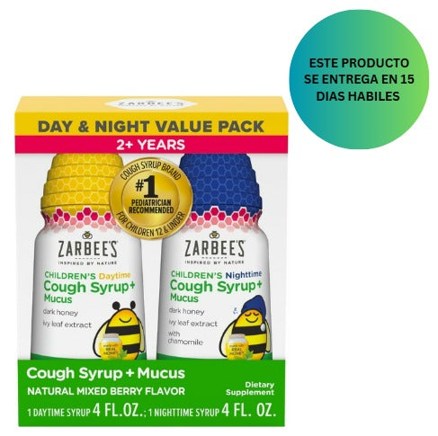 Zarbee's Jarabe para la tos de miel para niños + moco día y noche, sabor a bayas mixtas, 2 x 118ml