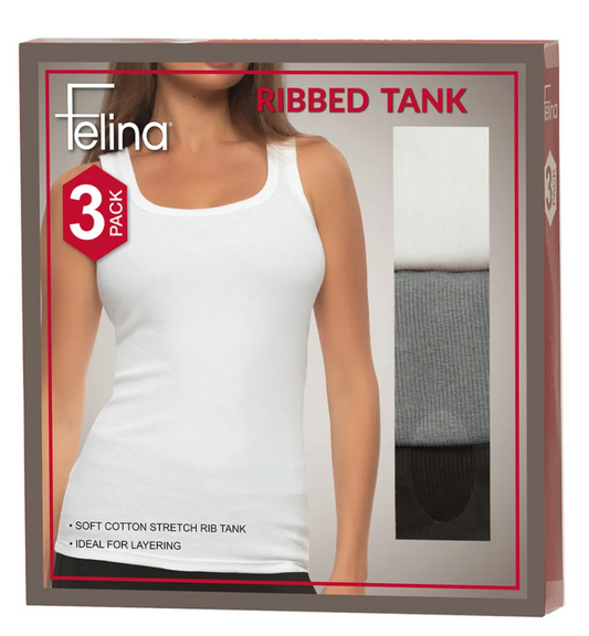 Felina Camiseta sin mangas acanalada de algodón para mujer PACK 3