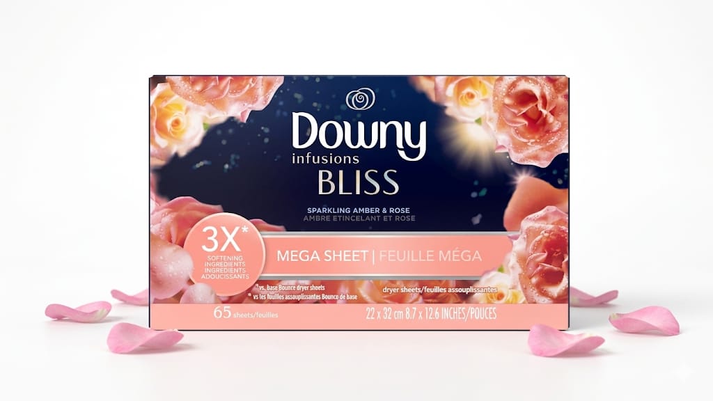 Downy Infusions Mega Toallitas para Secadora, Suavizante de Telas para la Lavandería, BLISS, Ámbar y Rosa, 65 Unidades