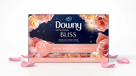 Downy Infusions Mega Toallitas para Secadora, Suavizante de Telas para la Lavandería, BLISS, Ámbar y Rosa, 65 Unidades
